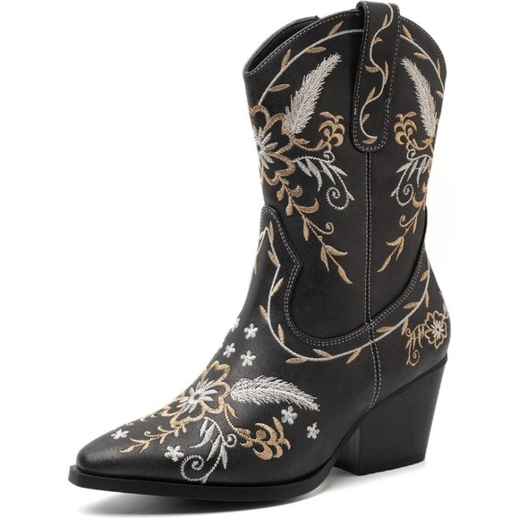 Anjoufemme Mid-calf Boot Black Polyurethane Embroidered Round-toe temperament - Picture 1 of 9